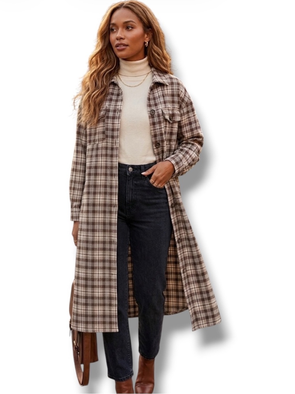 Listicle Brown Plaid Longline Shacket Duster Coat - Size S
